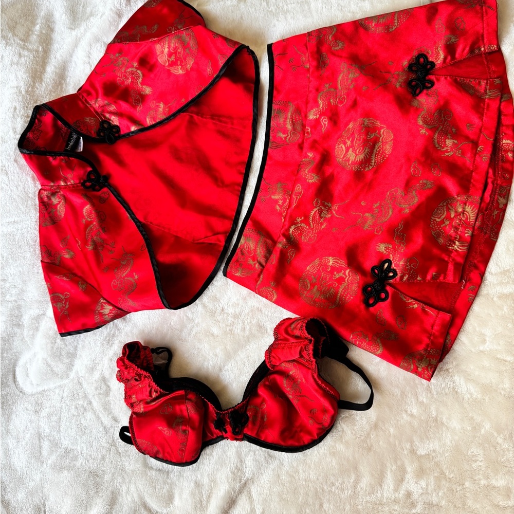 Frederick's of Hollywood Red Lingerie with Black Trim Asian Outfit